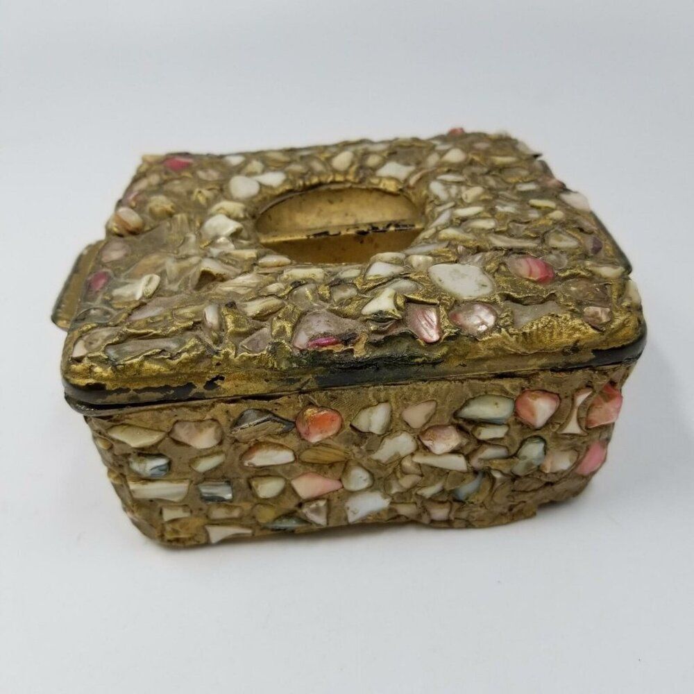 Moroccan Wedding Jewelry Box Inlaid Semi-Precious Stones Gems Gold 2.5"